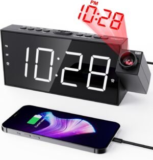 Digitale wekker met LED-scherm, USB-oplaadpoort, tijdprojectie en batterijnoodback-up