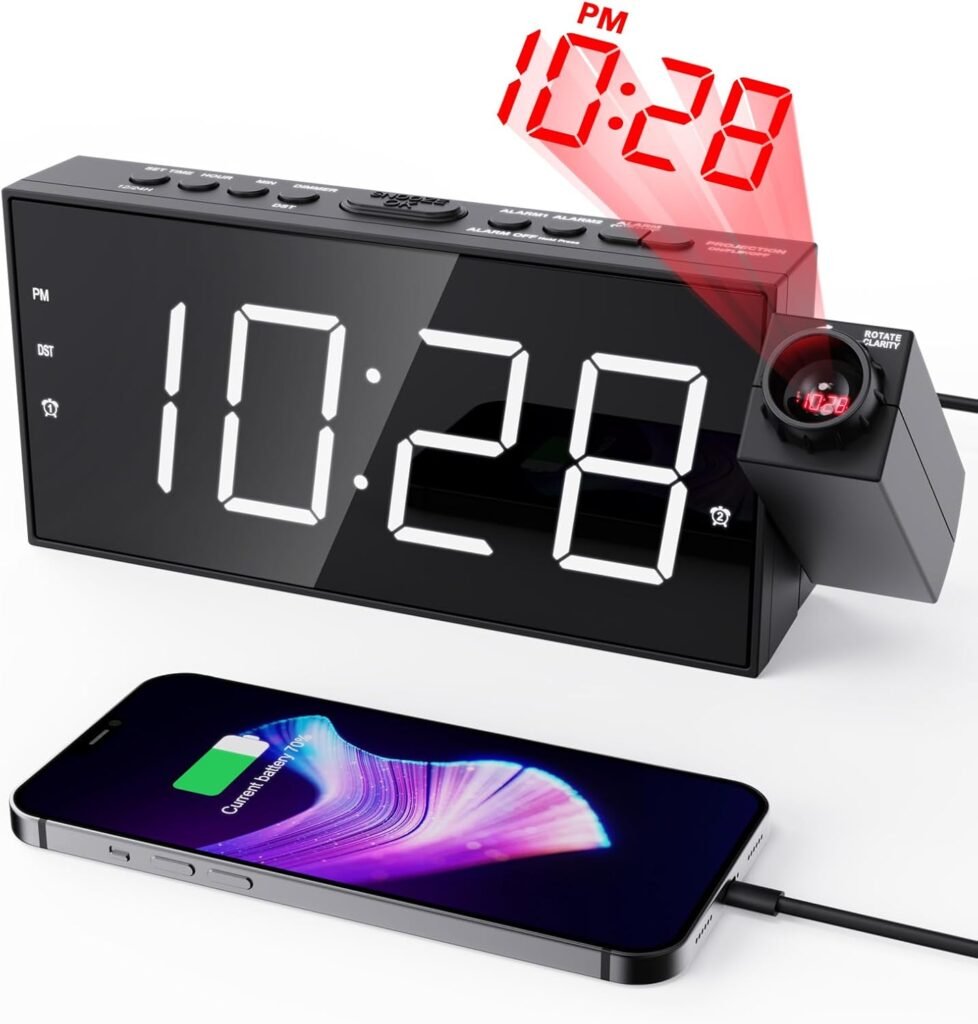 Digitale wekker met LED-scherm, USB-oplaadpoort, tijdprojectie en batterijnoodback-up
