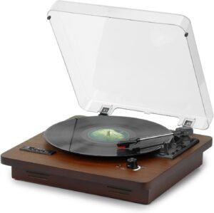 Bluetooth platenspeler met vinyl speler, FM radio, USB/SD opname en 3 snelheden voor muziek afspelen