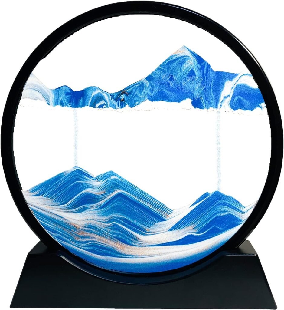 Bewegende zandloper als dynamisch zandschilderij met houten frame voor interieurdecoratie