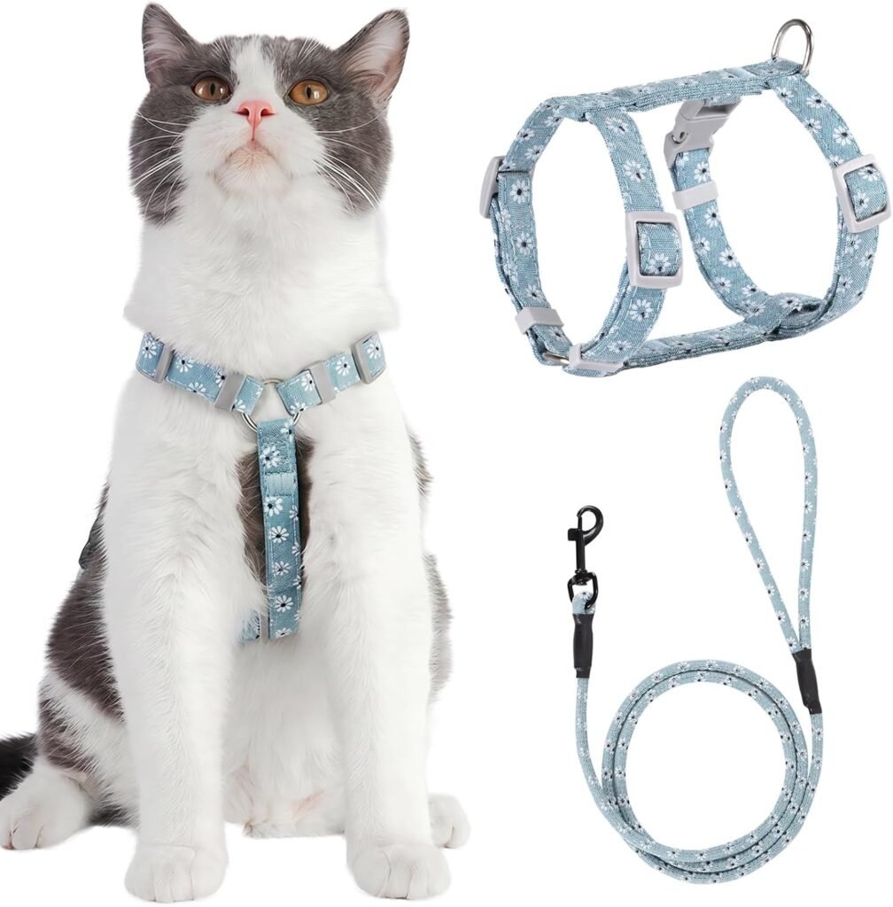Verstelbaar blauw kattenharnas met touwlijn maat M