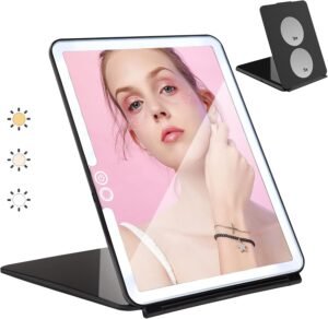 Vouwbare Make-upspiegel met Verlichting – Dubbelzijdige Spiegel – Compact en Draagbaar – Zwart – Ideaal voor Reizen en Make-up