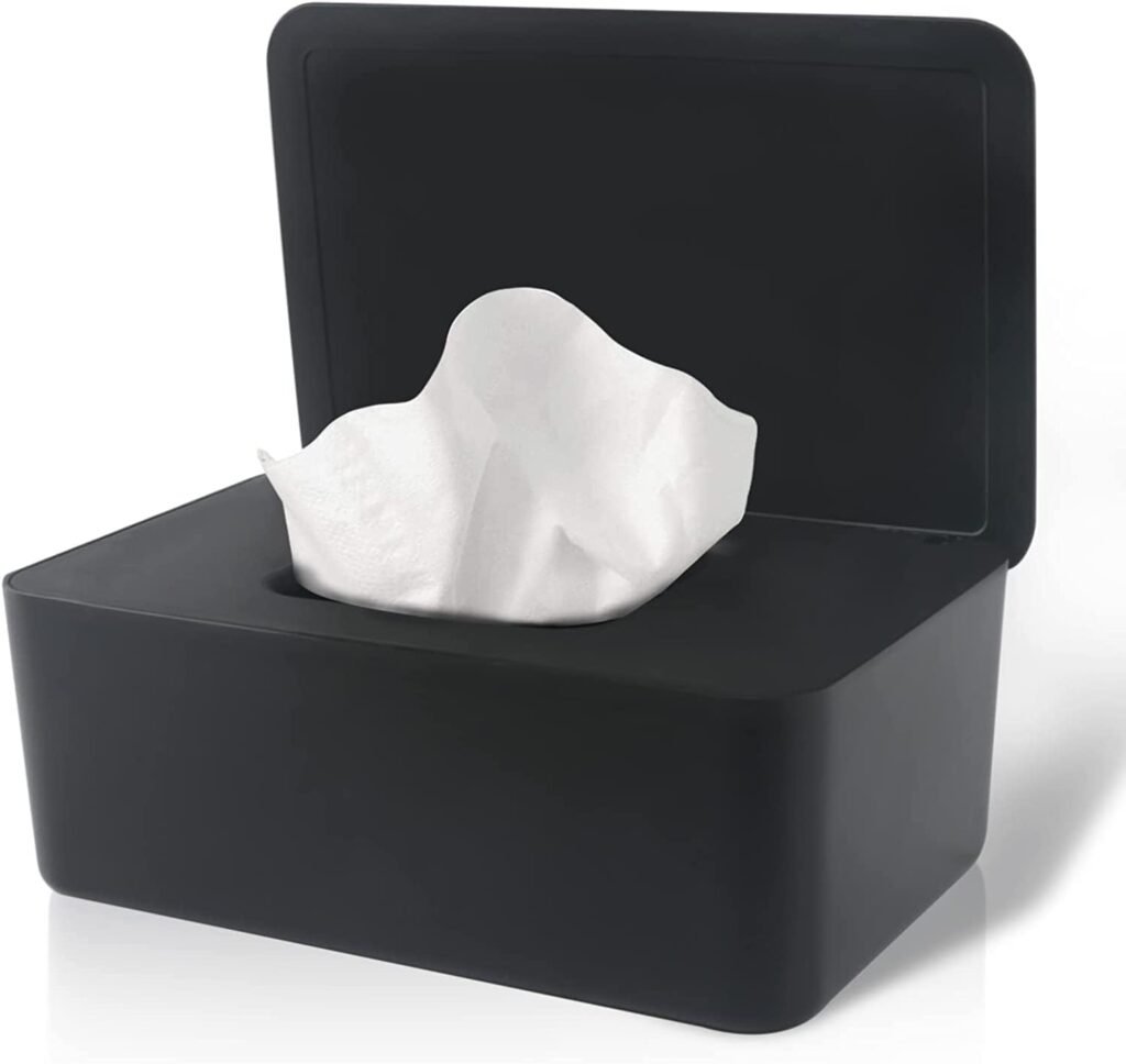 Wet wipes dispenser met deksel voor natte en droge doekjes, zwarte stofvrije opbergdoos voor thuisgebruik
