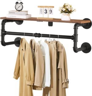 Industrieel kledingrek voor aan de muur van zwart metaal voor kleding en accessoires