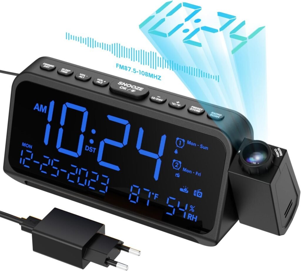 Digitale wekkerradio met projectieklok en USB oplader voor slaapkamer met alarmfunctie en snooze functie