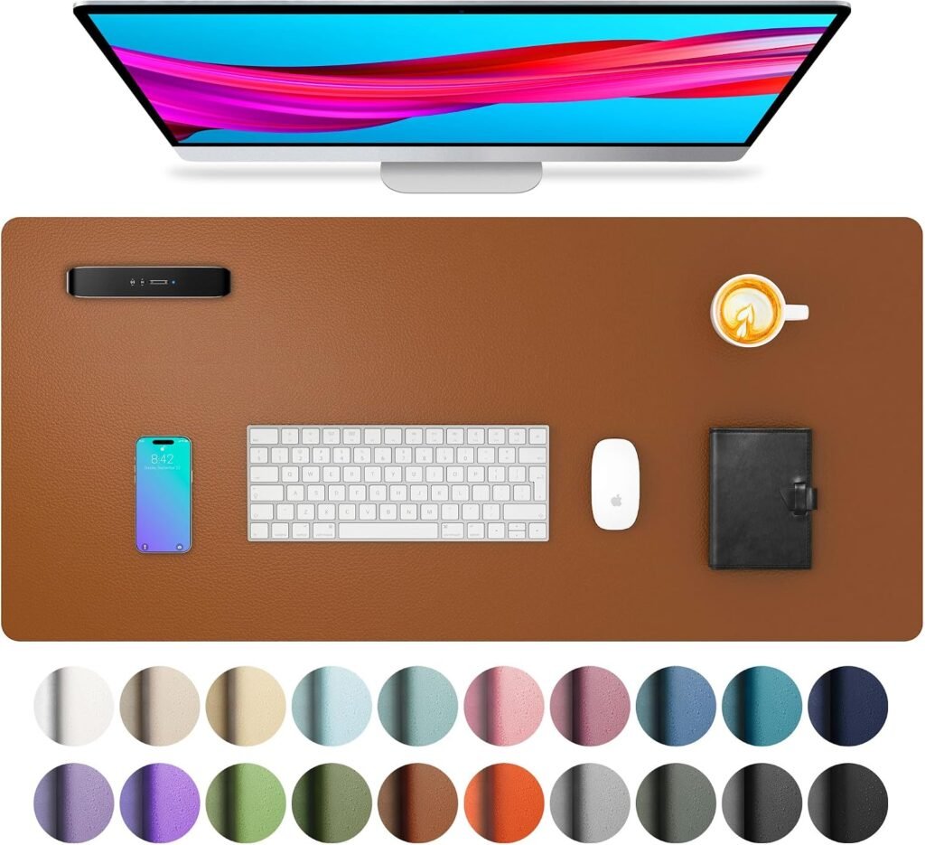 Lichtblauwe en oranje bureau-onderlegger van PU-leer, dubbelzijdig en antislip, 80 x 40 cm