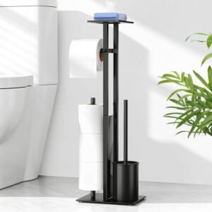 RVS Toiletpapierhouder met Toiletborstel – Staande Toiletset met Wet Wipe Houder – Badkamerhouder met Opbergruimte – Complete Toiletaccessoire Set