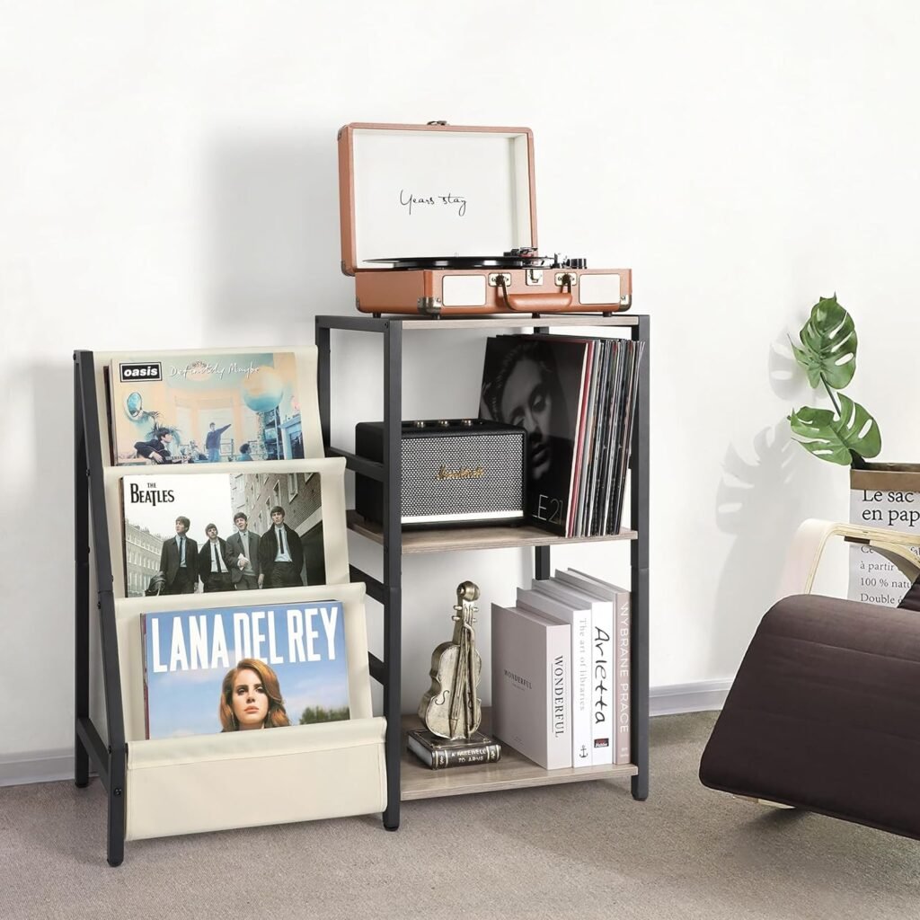 Draaiplatform tafel met 3 niveaus voor vinyl platen en platenspeler standaard wit modern design voor woonkamer