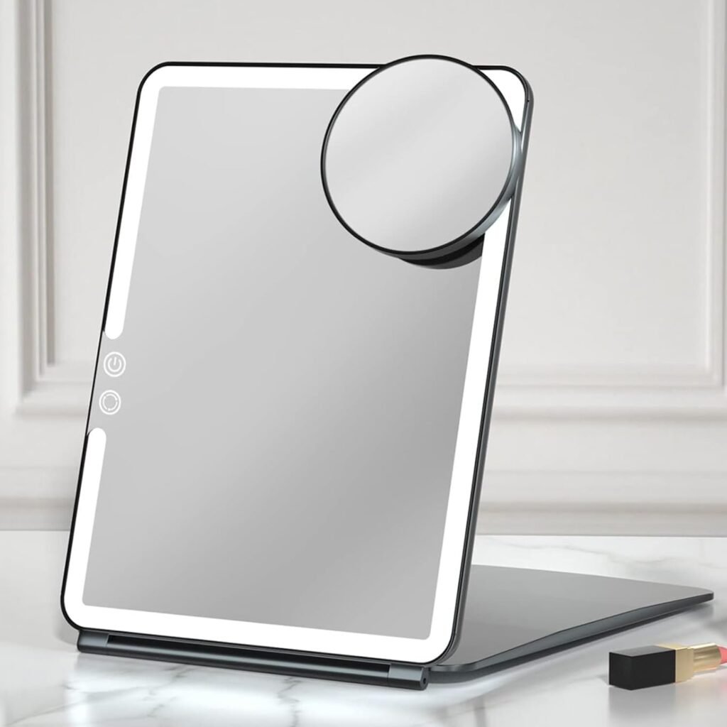 Opvouwbare make-upspiegel met vergrotende verlichting, USB oplaadbaar en 360 graden draaibaar