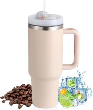 Roze thermobeker 1200 ml met rietje en handvat van dubbelwandig roestvrij staal