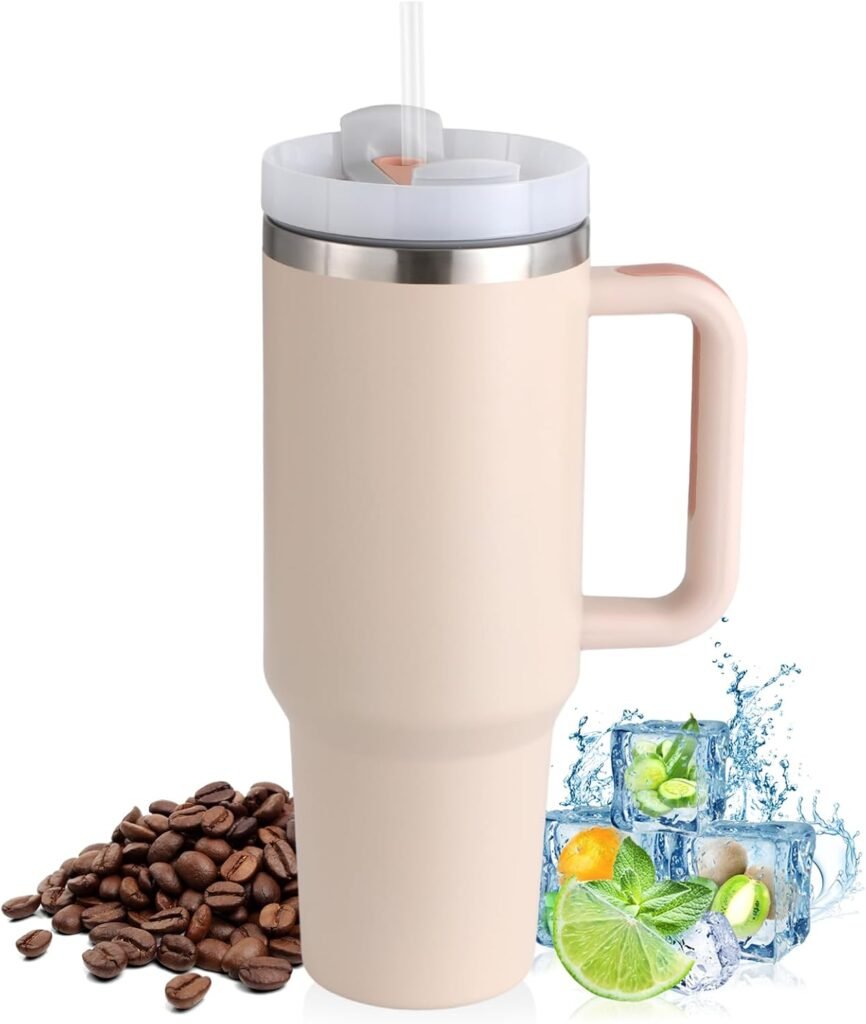 Roze thermobeker 1200 ml met rietje en handvat van dubbelwandig roestvrij staal