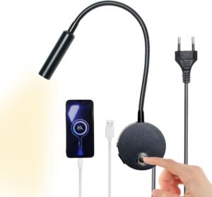 Wandlamp voor Bed – Dimbare Leeslamp – Touch Schakelaar en USB-aansluiting – Flexibele Gooseneck – 3W met EU-stekker en Snoer