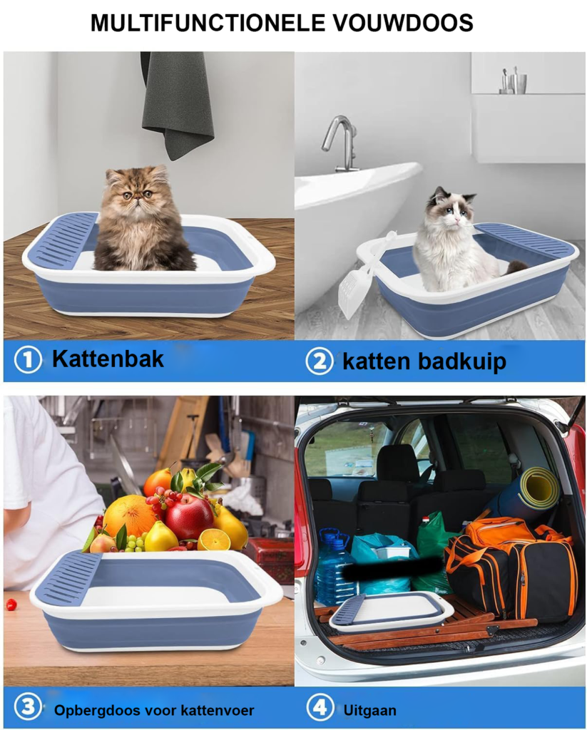 Grote platte kattenbak met schep, lage opvouwbare kattenbak voor oude katten en reizen, geschikt als kattentoilet onderweg