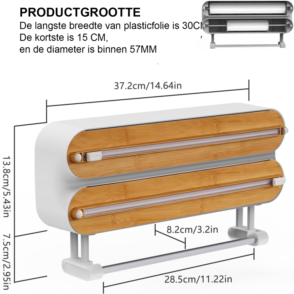Vershoudfolie Dispenser Houten Design - Magnetische Foliehouder met Scherp Snijmes - 3-in-1 voor Vershoudfolie, Aluminiumfolie en Keukenpapier - 30 cm
