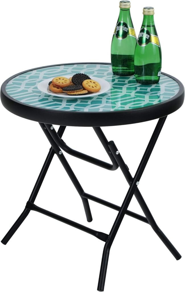 Ronde Bijzettafel met Glazen Tafelblad - Opvouwbare Balkontafel - Metalen Frame - Weerbestendig voor Tuin, Terras en Woonkamer