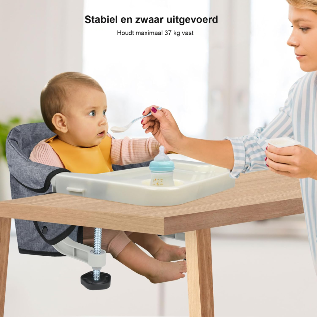 Opvouwbare kinderstoel met eetblad en transporttas, grijs, voor peuters thuis en onderweg