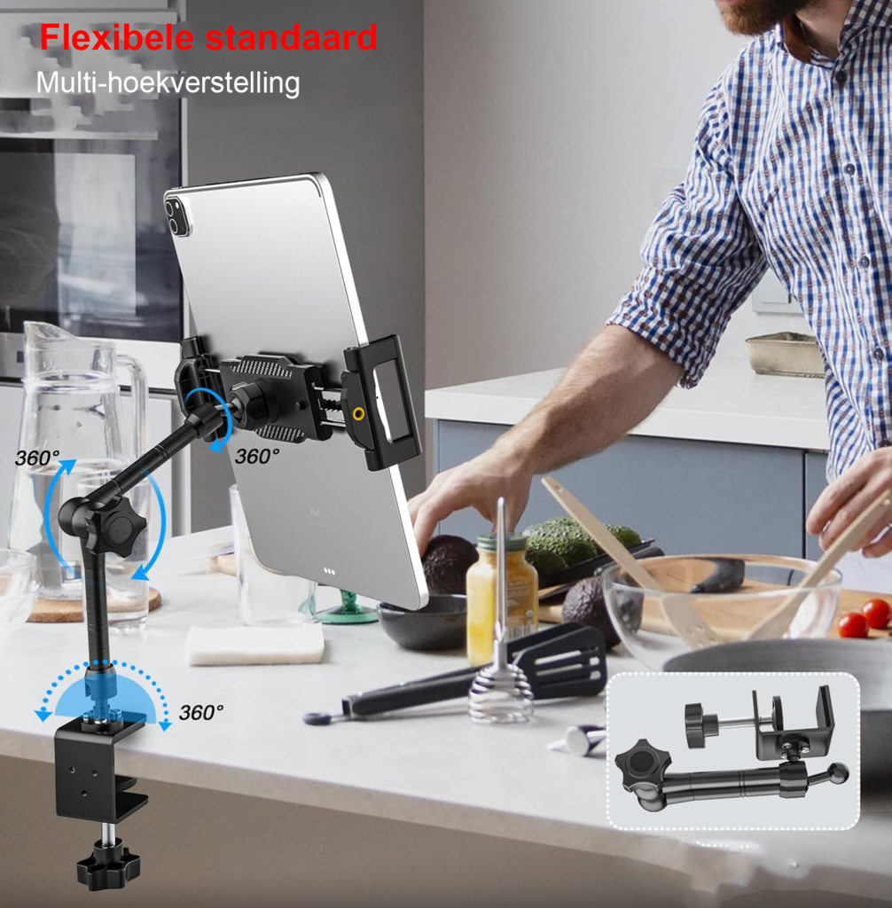 Tablet houder met klem, verstelbare metalen arm voor bureau en keukenkast, geschikt voor tablets van 6 tot 14,6 inch
