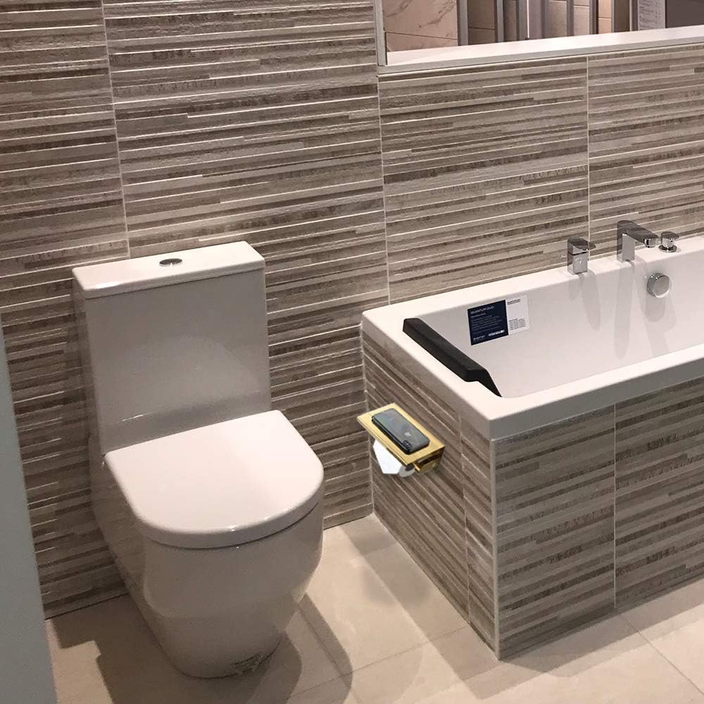 RVS toiletpapierhouder met plank en gouden afwerking voor wandmontage in de badkamer