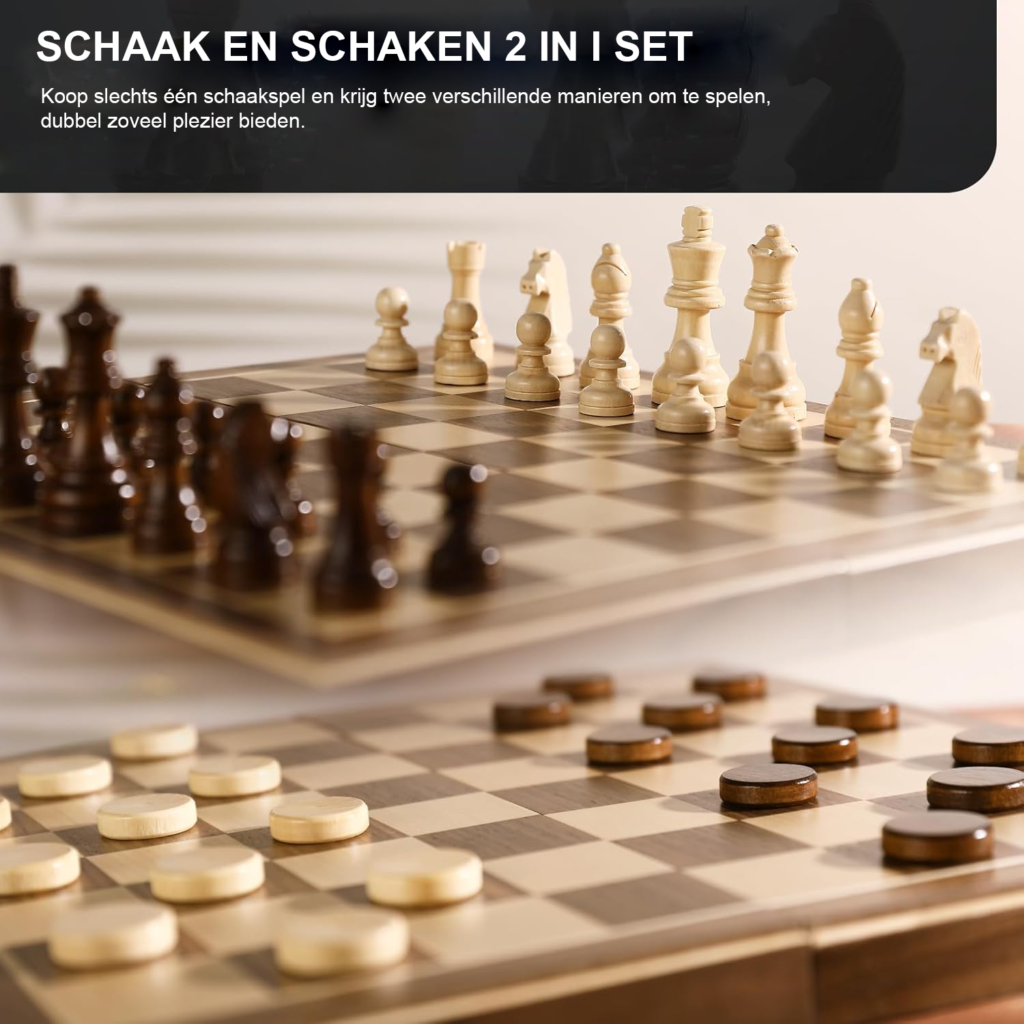 2-in-1 Schaak- en Damspel - Houten Schaakset met Magnetische Figuren - Vouwbaar Schaakbord - 39 x 39 cm