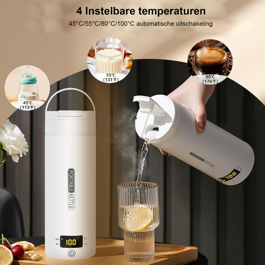 Draagbare mini elektrische waterkoker van RVS 316 met 500 ml inhoud voor thee, koffie, babyvoeding en kamperen