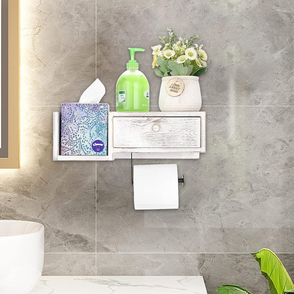 Toiletpapierhouder met Plank - Houten Toiletrolhouder met Opbergruimte - Vintage Wit - Badkamer Accessoire - Grenen Hout