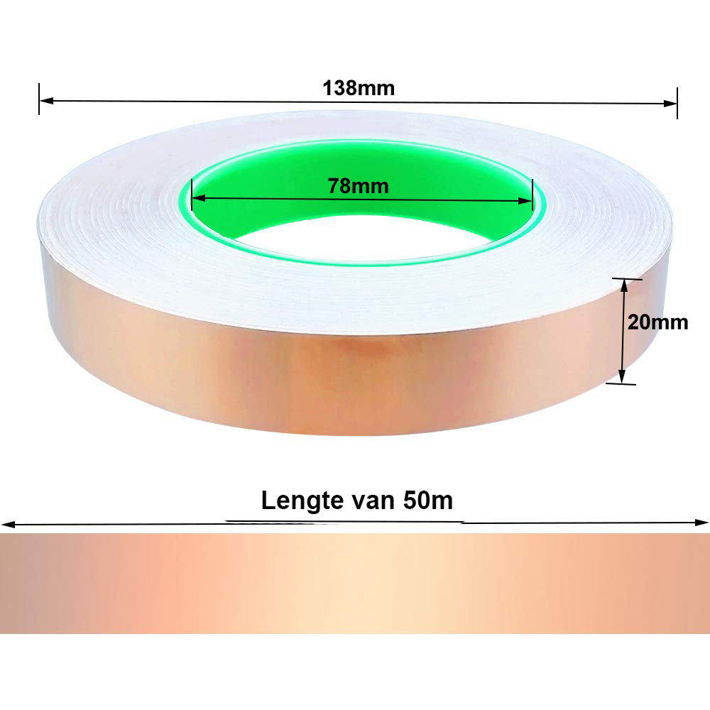 Zelfklevende kopertape 50 m x 20 mm voor EMI-afscherming, elektronica, knutselprojecten en glasbewerking