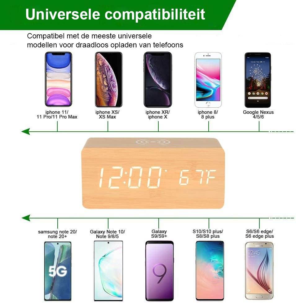 Draadloos oplaadstation met ingebouwde klokfunctie voor diverse apparaten