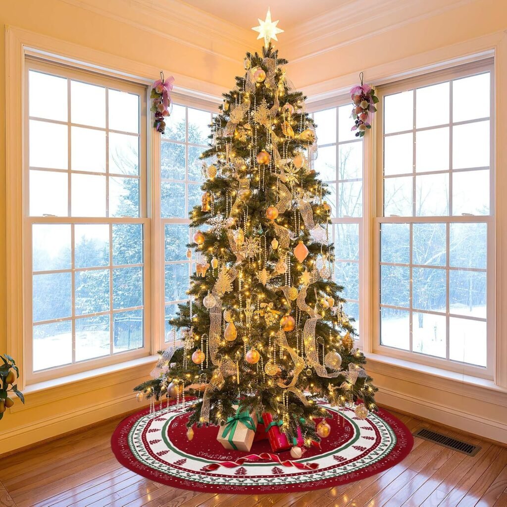 Kerstboomrok 120 cm - Ronde Kerstboomdeken met Sneeuwvlokmotief - Boommat voor Kerstboomstand - Rood en Groen