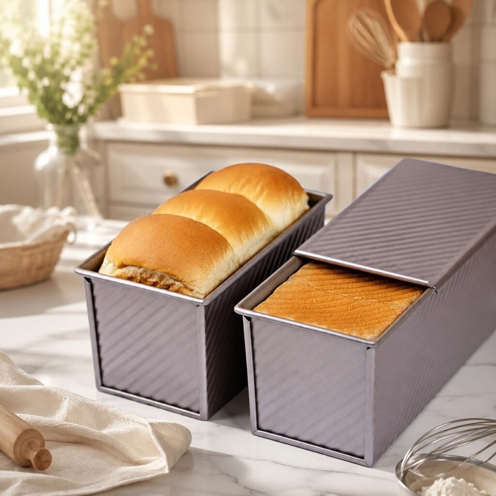 Broodbakvorm met deksel en antiaanbaklaag voor zelfgebakken brood, goudkleurige toastvorm voor 450g deeg met golfpatroon