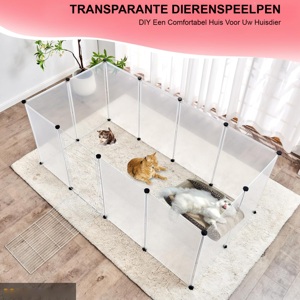 Opvouwbare kunststof dierenren met 12 panelen en gesloten deur voor hamster, puppy, konijn en cavia in rookkleur