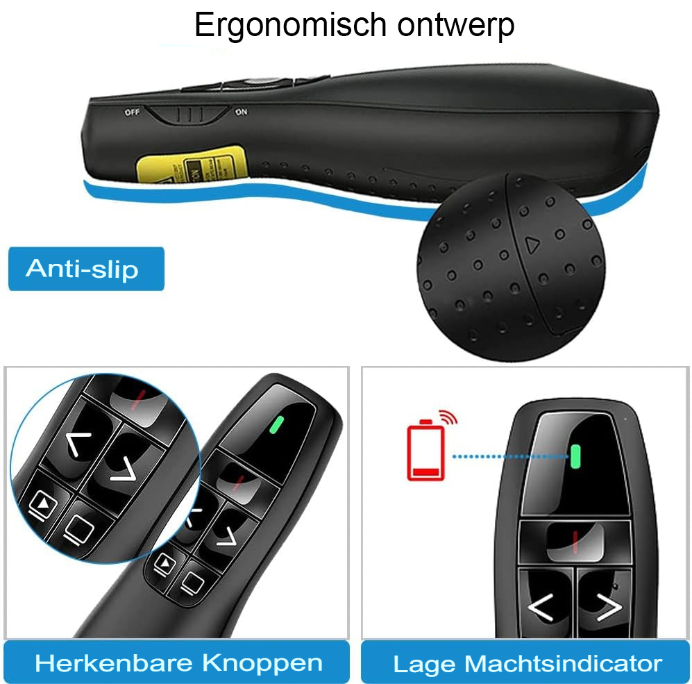 Draadloze PowerPoint presentatie clicker met laserpointer en USB-ontvanger, 30 meter bereik