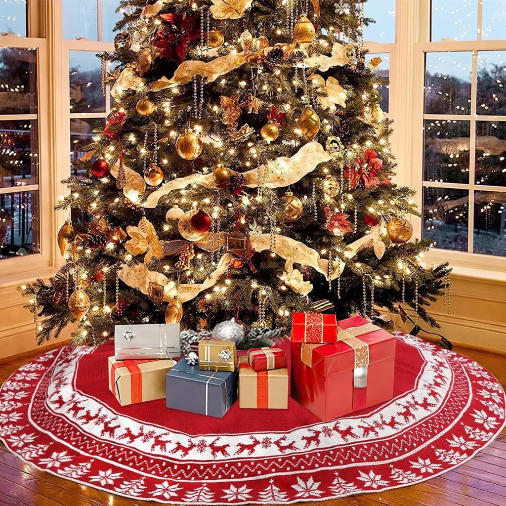 Gebreide rode kerstboomrok 122 cm met rendieren en sneeuwvlokken, decoratief kerstboomkleed voor kerst- en nieuwjaarsdecoratie