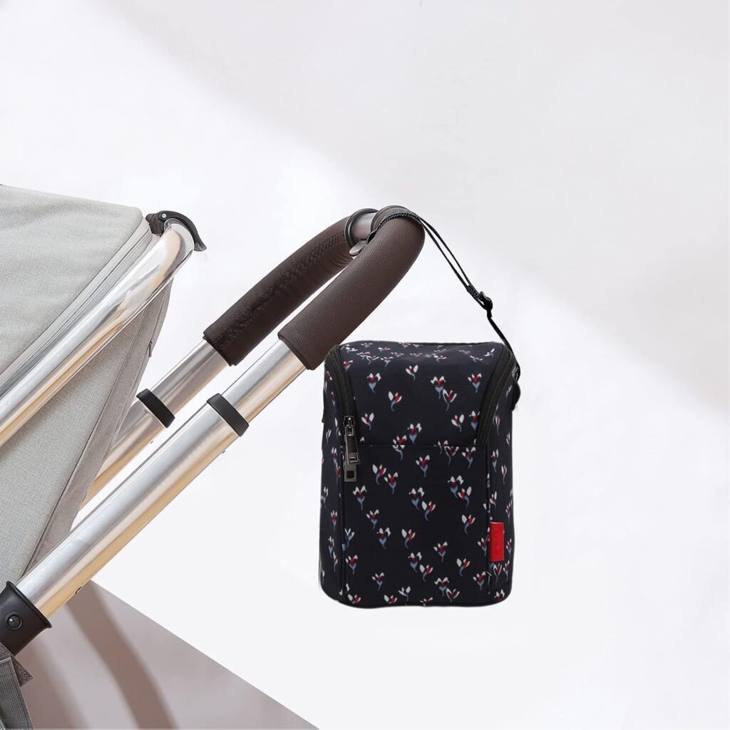 Thermische babyfles tas met isolerende fleshouder, waterdichte nylon opbergtas, bloemen zwart