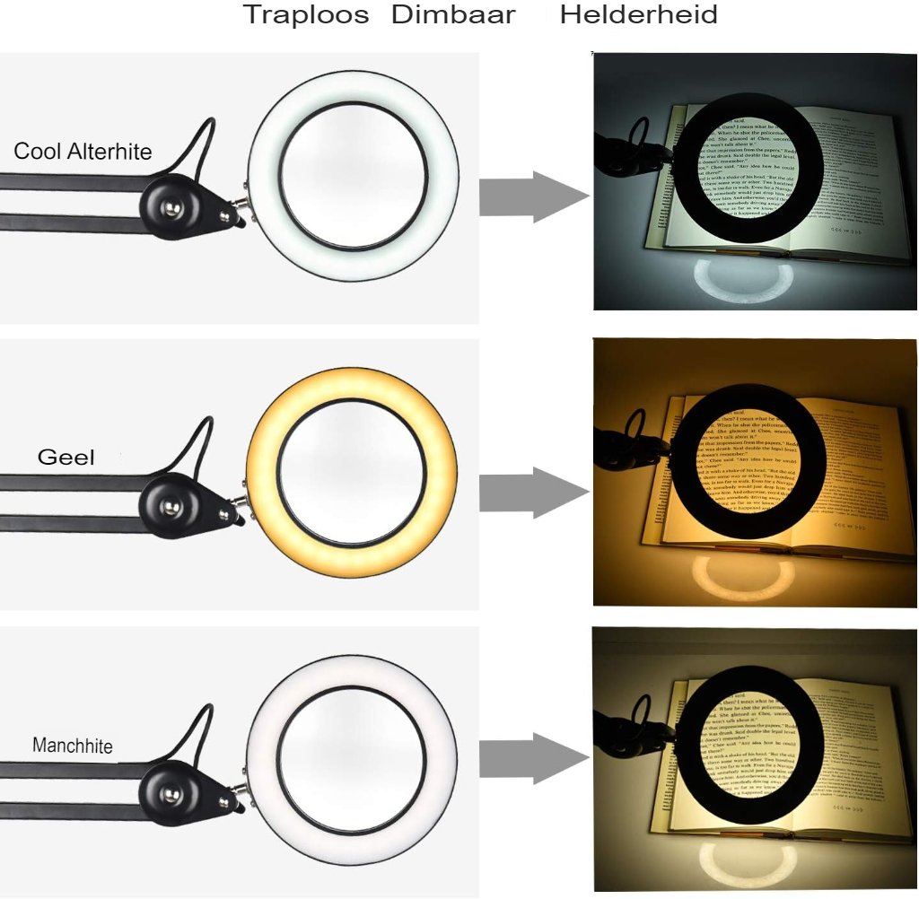 LED vergrootlamp met loep, 2x vergroting en 3 dioptrie, 10W, zwart