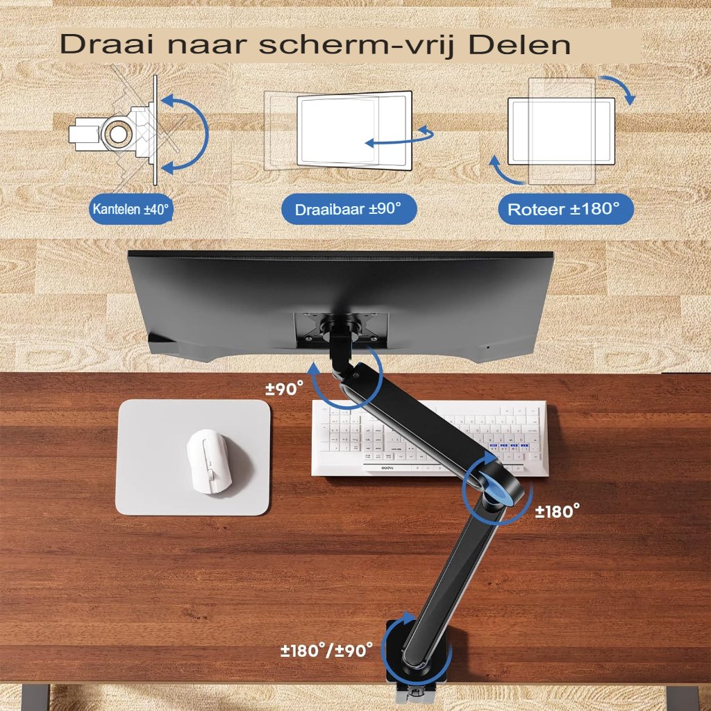 Verstelbare monitorbeugel met diverse montagemogelijkheden en instelbaar draagvermogen