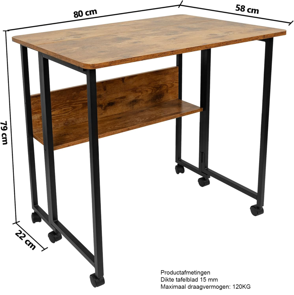 Opvouwbaar bureau met wielen donkerbruin met zijplank voor thuiswerkplek 80 x 58 x 75 cm