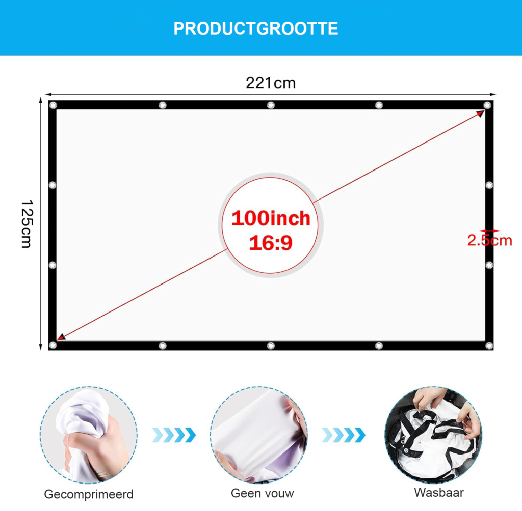 100 inch projectiescherm 16:9 vouwbaar en dubbelzijdig voor Full HD, 3D en 4K thuisbioscoop en buitenbioscoop