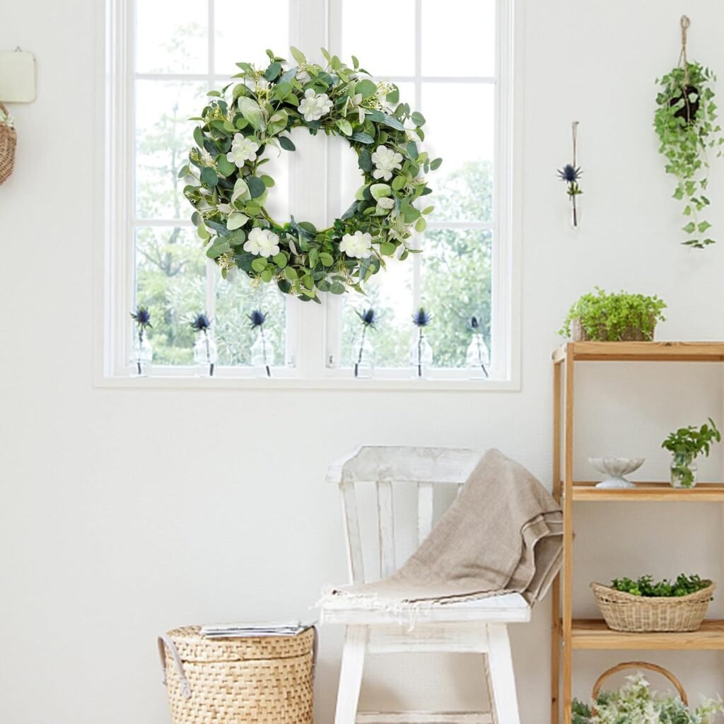 Eucalyptus krans 50 cm als kunstmatige deurkrans voor deur, raam en muurdecoratie in groen design voor voorjaar en Pasen