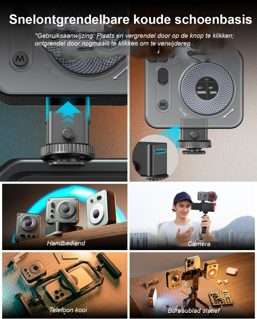 Spatwaterdichte LED videolamp voor camera met koudschoenbevestiging en instelbare kleurtemperatuur