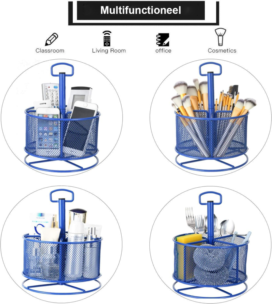 Zwarte bureau organizer van mesh met 360° draaibare pennenhouder en 4 compartimenten