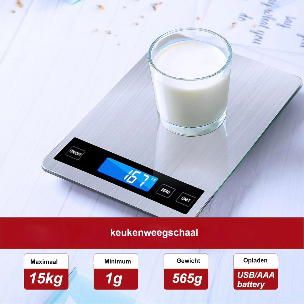 Digitale Keukenweegschaal 15 kg - Nauwkeurig tot 1 g - LCD Display met RVS en Gehard Glas - USB Oplaadbaar, g/kg/lb/oz/ml/FL ozMaak koken en bakken eenvoudiger dan ooit met deze geavanceerde digitale keukenweegschaal! Met een indrukwekkend weegvermogen tot 15 kg en een nauwkeurigheid van 1 gram is deze weegschaal perfect voor al je culinaire creaties. Het elegante ontwerp met een roestvrijstalen oppervlak en gehard glas zorgt voor duurzaamheid en een moderne uitstraling. Het grote, verlichte LCD-display maakt het aflezen van gewichten eenvoudig, zelfs bij weinig licht. Dankzij de handige tare-functie kun je nauwkeurig wegen zonder gedoe. Bovendien biedt deze weegschaal de flexibiliteit van zowel USB-opladen als batterijvoeding, zodat je nooit zonder stroom zit.  Voordelen op een rij Hoog weegvermogen tot 15 kg met precisie van 1 g. Vijf meeteenheden: g/kg/lb:oz/ml/fl'oz voor veelzijdig gebruik. Extra groot weegoppervlak van 22,5 x 15,5 cm voor grote kommen. Tare-functie voor het wegen van ingrediënten zonder het gewicht van de kom. Verlicht LCD-scherm voor eenvoudig aflezen, zelfs in het donker. Roestvrijstalen & gehard glas ontwerp voor duurzaamheid en stijl. Eenvoudig schoon te maken dankzij vingerafdrukbestendige coating. Twee stroomopties: USB-oplaadbaar of via AAA-batterijen. Automatische uitschakeling om energie te besparen. Makkelijk op te bergen en zelfs aan de muur te bevestigen.  Grote precisie en veelzijdigheid Deze digitale keukenweegschaal biedt een hoge nauwkeurigheid van 1 g en ondersteunt vijf verschillende meeteenheden. Of je nu meel afweegt voor een perfecte taart, kruiden doseert voor een verfijnde smaak of vloeistoffen meet voor sauzen, deze weegschaal doet het allemaal. Dankzij het extra grote weegoppervlak passen ook grotere schalen en kommen moeiteloos op de weegschaal.  Slim en energiezuinig ontwerp Dankzij de innovatieve stroomvoorziening kun je kiezen tussen een oplaadbare USB-batterij of AAA-batterijen. Met een lange batterijduur hoef je je geen zorgen te maken over frequent opladen of het vervangen van batterijen. Bovendien schakelt de weegschaal automatisch uit na 2 minuten inactiviteit om energie te besparen.  Eenvoudig te bedienen en schoon te maken De drie slimme touchknoppen maken de bediening intuïtief en moeiteloos. Het verlichte LCD-scherm zorgt ervoor dat gewichten altijd goed zichtbaar zijn. Het roestvrijstalen oppervlak en de vingerafdrukbestendige coating maken het schoonmaken eenvoudig. Een snelle veeg met een vochtige doek en de weegschaal is weer als nieuw!  Handige tare-functie voor nauwkeurig wegen Met de tare-functie stel je de weegschaal eenvoudig op nul, zodat je alleen het gewicht van de ingrediënten meet. Dit is perfect voor het afwegen van meerdere ingrediënten in één kom zonder dat je alles apart hoeft te wegen.  Wat zit er in de verpakking? 1x Digitale keukenweegschaal 1x USB-oplaadkabel 1x Gebruikershandleiding  Productspecificaties Maximaal weegvermogen: 15 kg / 33 lb Nauwkeurigheid: 1 g Meeteenheden: g, kg, lb:oz, ml, fl'oz Materiaal: Roestvrij staal & gehard glas Display: LCD met verlichting Voeding: USB-oplaadbaar of 2x AAA-batterijen (niet inbegrepen) Afmetingen: 21 x 15 x 1.5 cm Gewicht:680 g Extra functies: Automatische uitschakeling, tare-functie  Kies voor precisie, gemak en een stijlvolle toevoeging aan je keuken! Bestel nu deze digitale keukenweegschaal en ervaar moeiteloos wegen op het hoogste niveau!