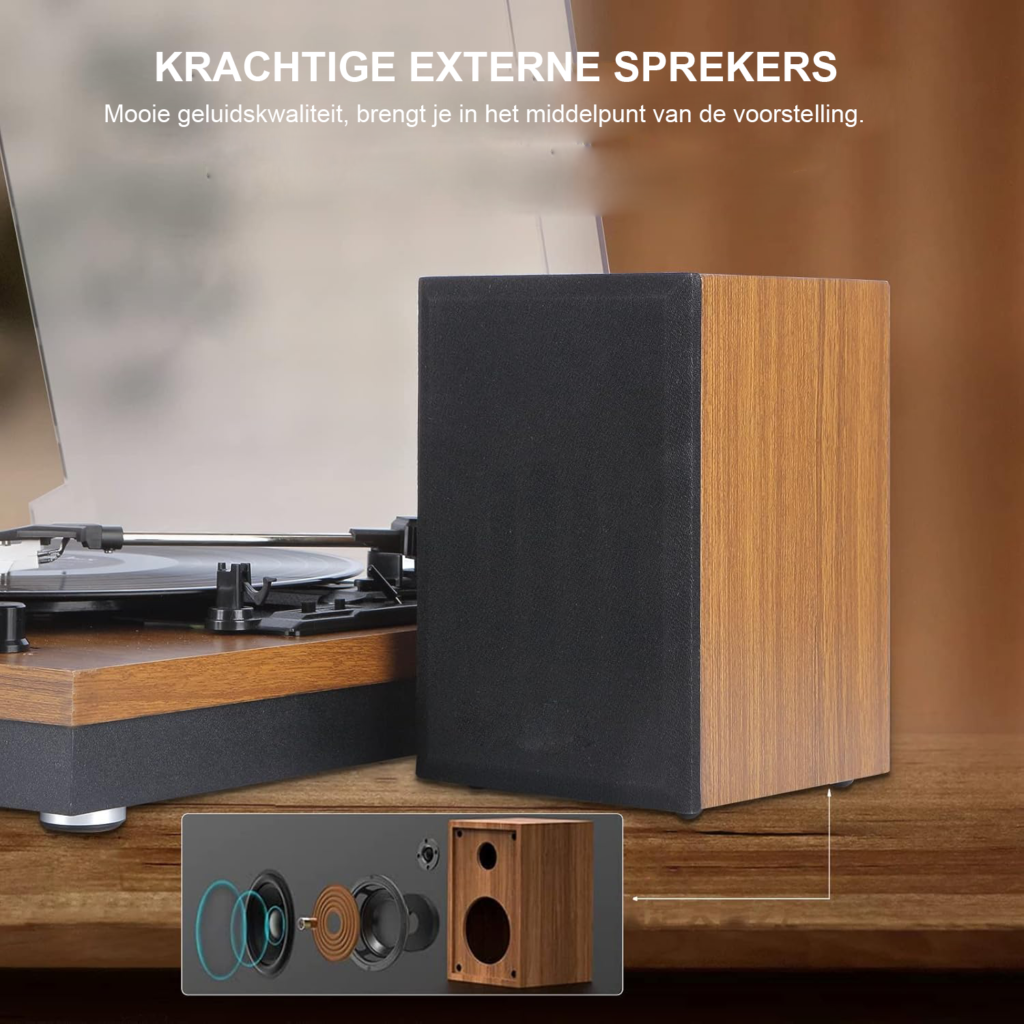 Platenspeler met Bluetooth - Vinylspeler met 2 Externe 15W HiFi Stereo Speakers - 3 Snelheden 33/45/78 RPM - Walnoot