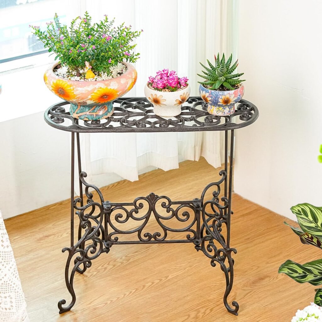 Gietijzeren plantenstandaard van 57,4 cm, metalen plantentafel met één plateau voor bloempotten, vazen en lantaarns, geschikt voor binnen en buiten