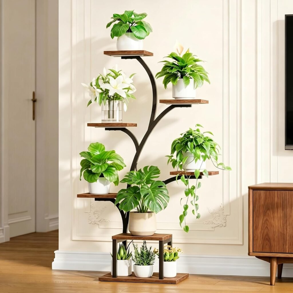 Plantenrek met groeilamp voor binnen, 7-laags metalen plantenstandaard met LED-verlichting en hoekmodel, 124,5 cm hoog