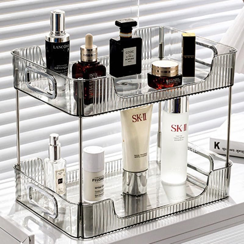 Grijze badkamer organizer met 2 lagen voor make-up, cosmetica en huidverzorging op de wastafel