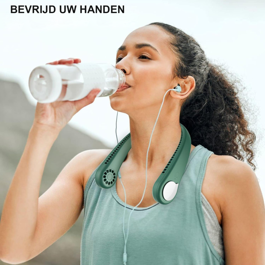 Draagbare groene halsventilator met bladeloze 360° luchtstroom, USB oplaadbare nekband en compact handsfree ontwerp