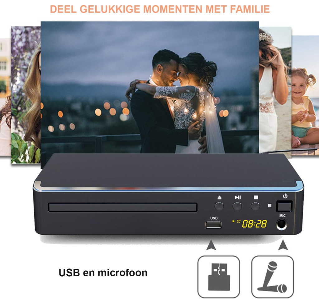 Compacte DVD-speler voor tv met HDMI, USB, codevrije CD/DVD-weergave en HDMI-kabel 1,5 m