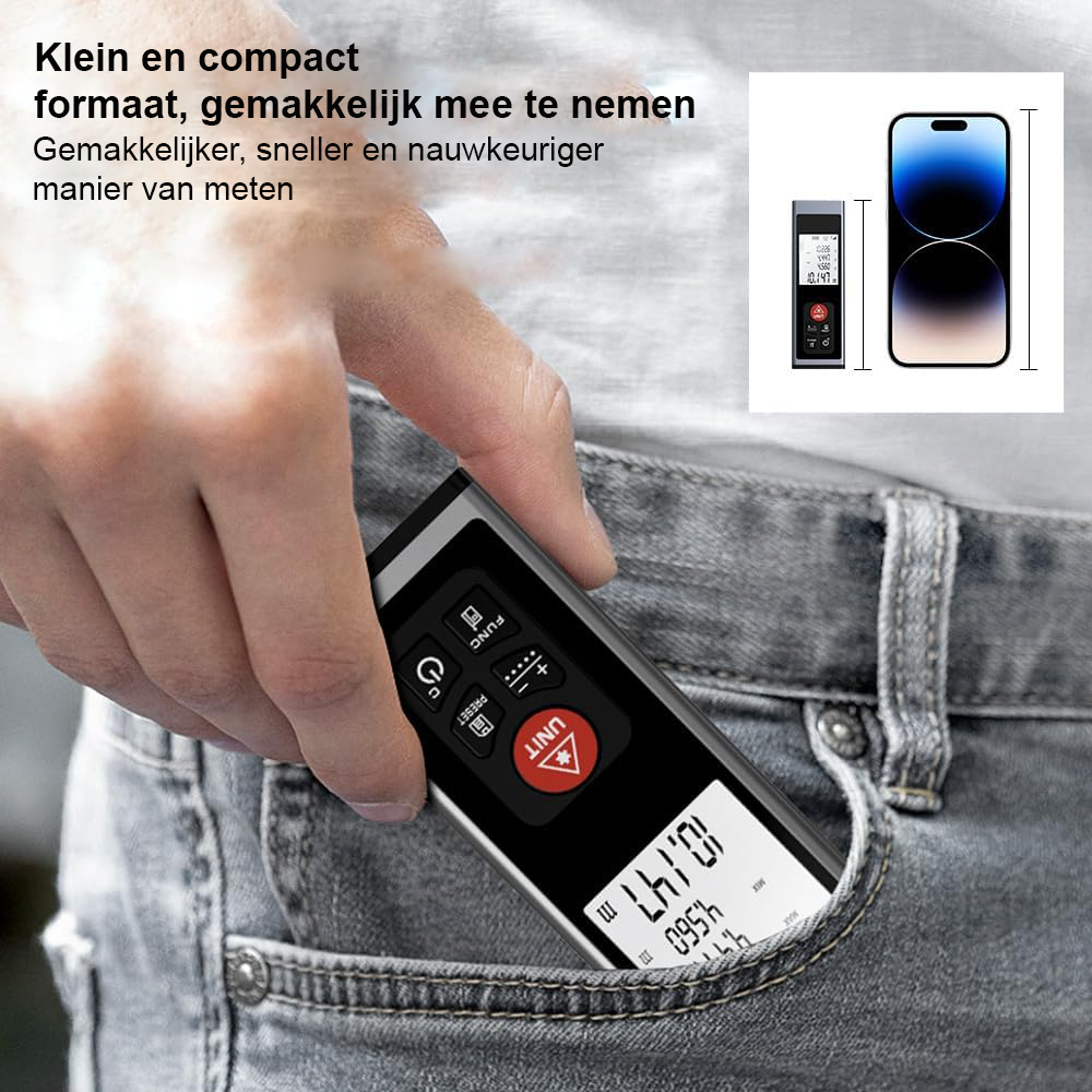 Digitale laserafstandsmeter met elektronisch waterpas en LCD, USB-C oplaadbaar, voor afstands-, oppervlakte- en volumemeting
