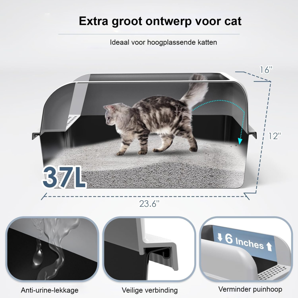 Roestvrijstalen kattenbak XL met deksel, hoge wanden en anti-lek ontwerp voor grote katten