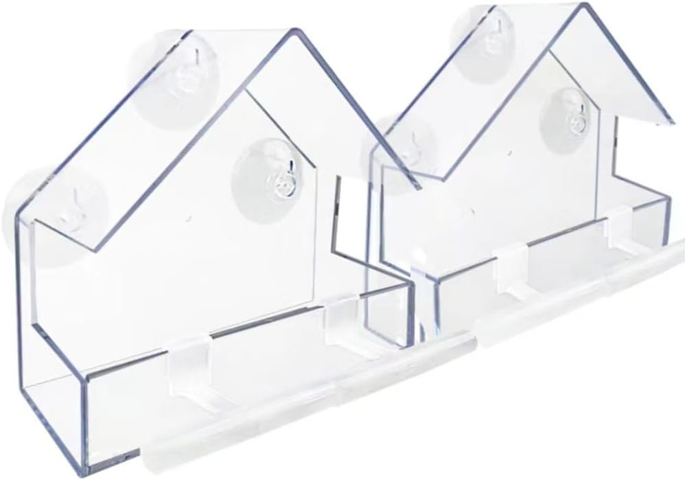 Raam vogelvoederhuisje van acryl, set van 4 met zuignappen en voederstangen, transparant, 15 x 6 x 15 cm